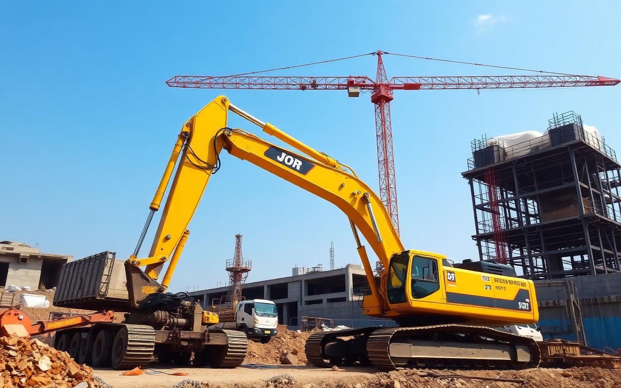Yellow excavator and tower crane at a construction site