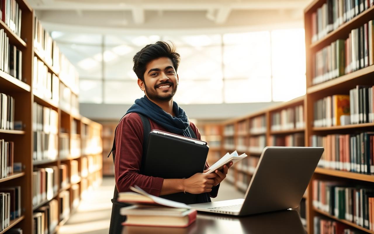 Indian student smiling in a modern library with books and laptop