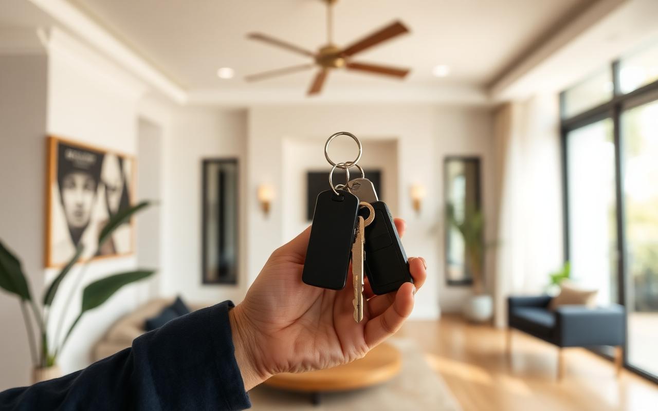 Hand holding keys to a new home interior