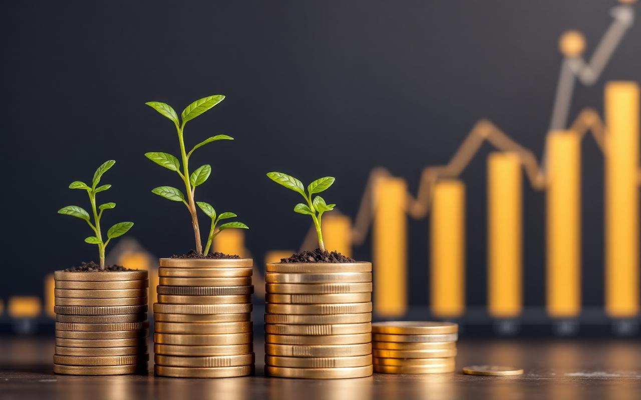 Coin stacks with growing plants and a rising bar chart in the background