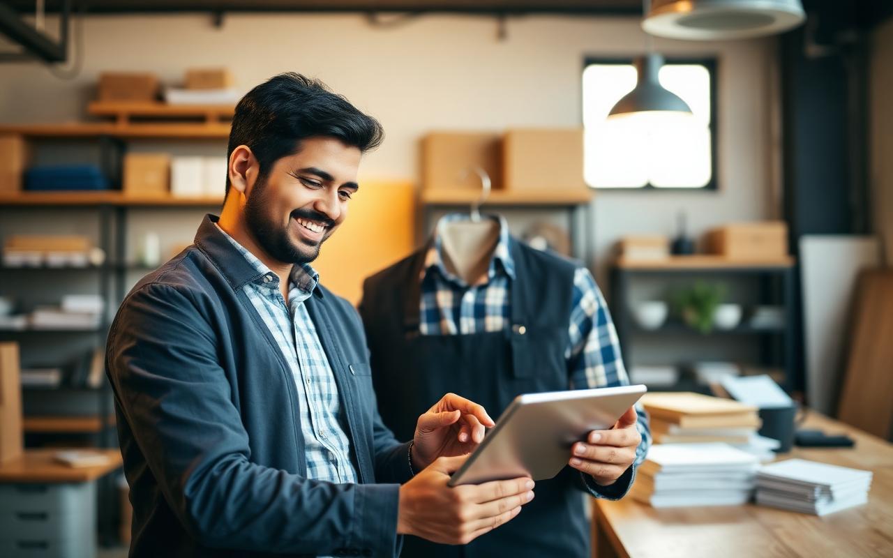 Small business owner reviewing finances on a tablet
