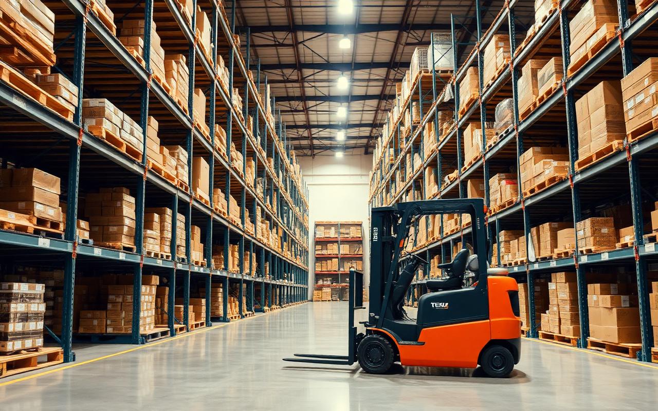 Warehouse aisle with stacked inventory and a forklift